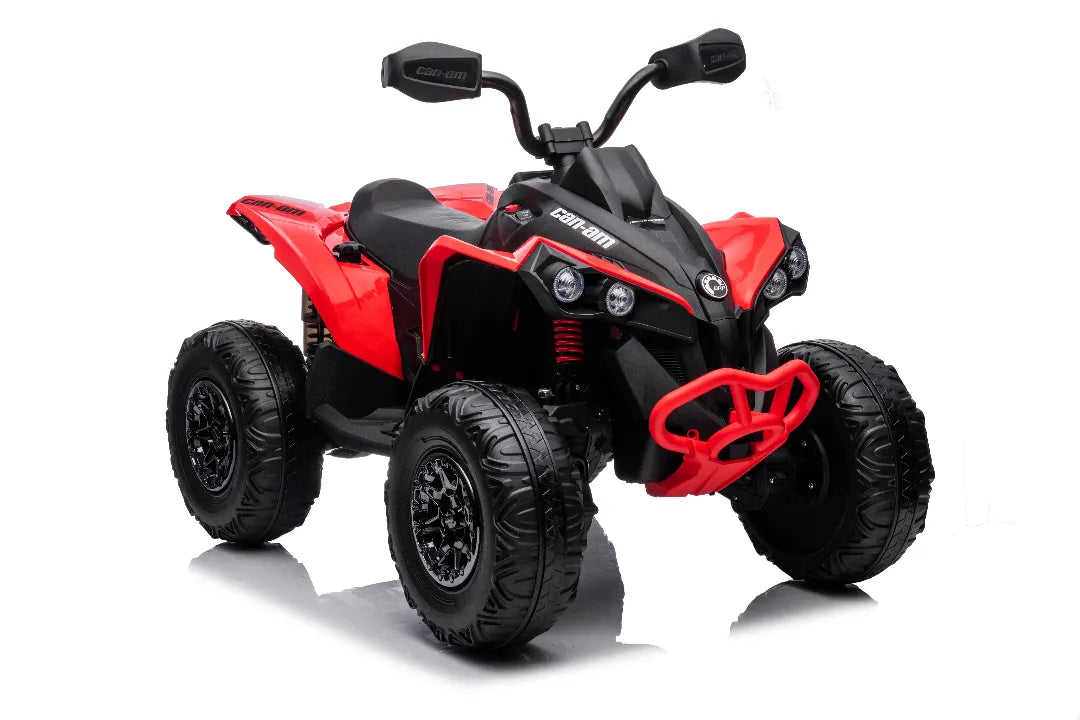 Licensed red 24V Can-Am Renegade ride-on quad bike with four black rugged tires and 4x4 motors for kids.