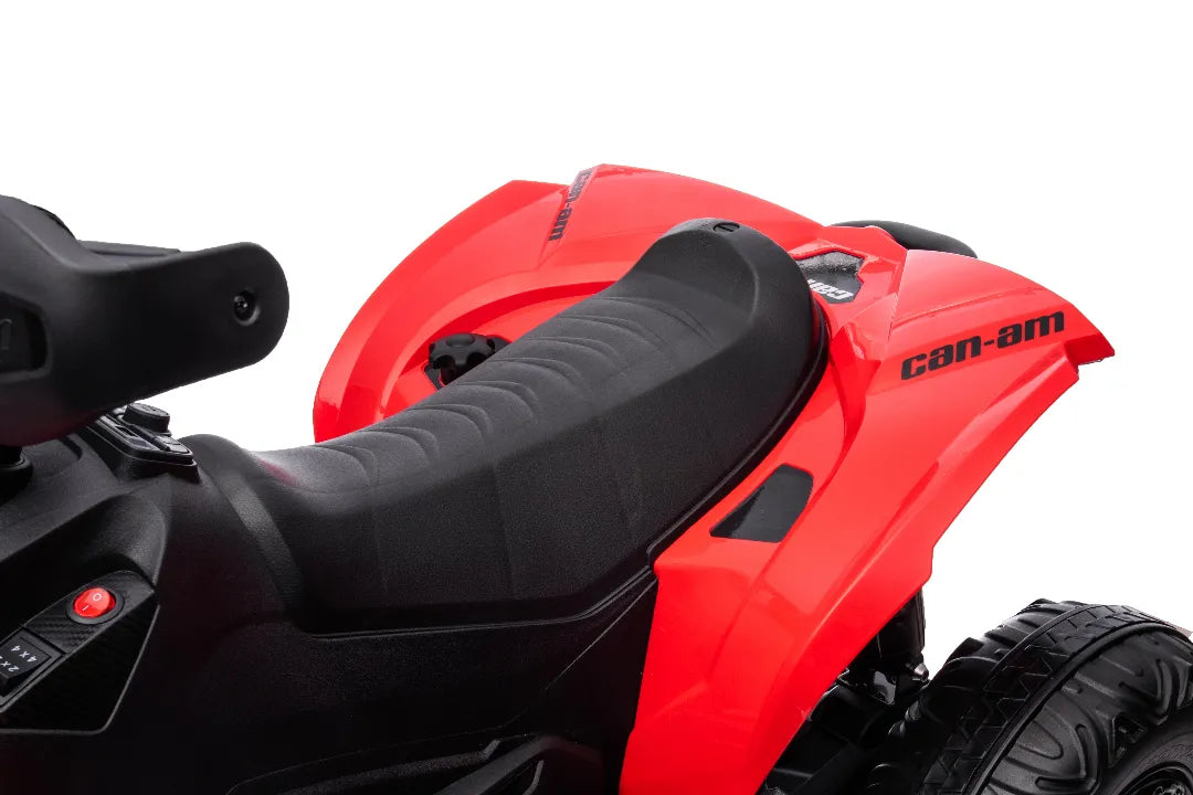 Close-up of black seat and red rear fender with Can-Am logo on licensed 24V ride-on quad bike ATV