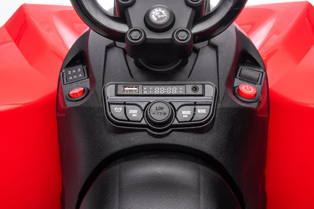 Close-up of dashboard controls and radio panel on red 24V licensed Can-Am Renegade ride-on quad bike for kids