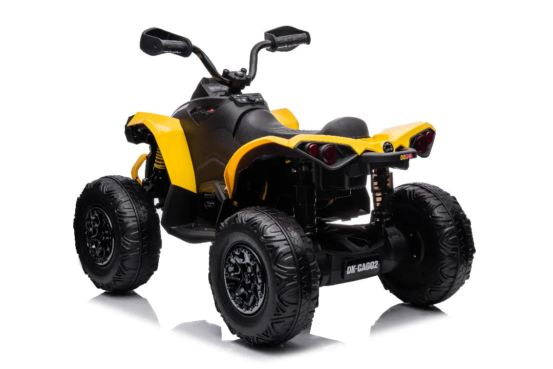 Rear view of yellow 24V Can-Am Renegade ride-on quad bike with 4x4 traction and rugged black tires for kids.