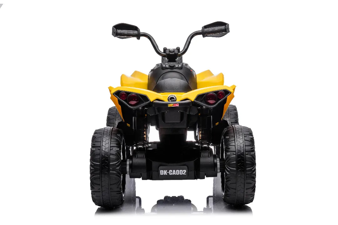 Rear view of yellow 24V Can-Am Renegade ride-on quad bike with four black rugged tires and handlebars visible