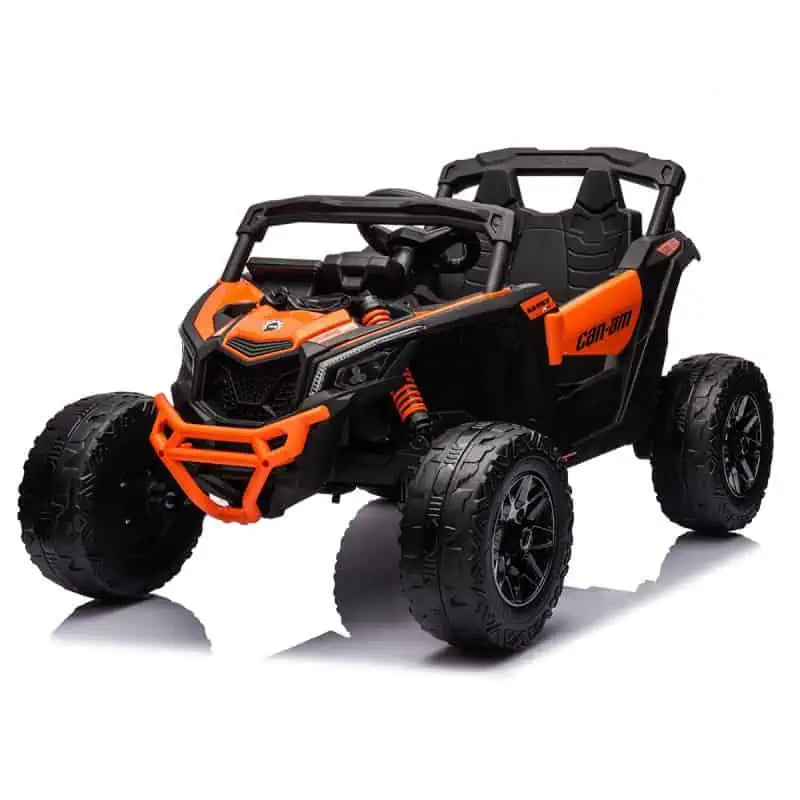 Orange and black 24V Can-Am Maverick 800W 4x4 kids ride-on UTV with large EVA tires and rugged design