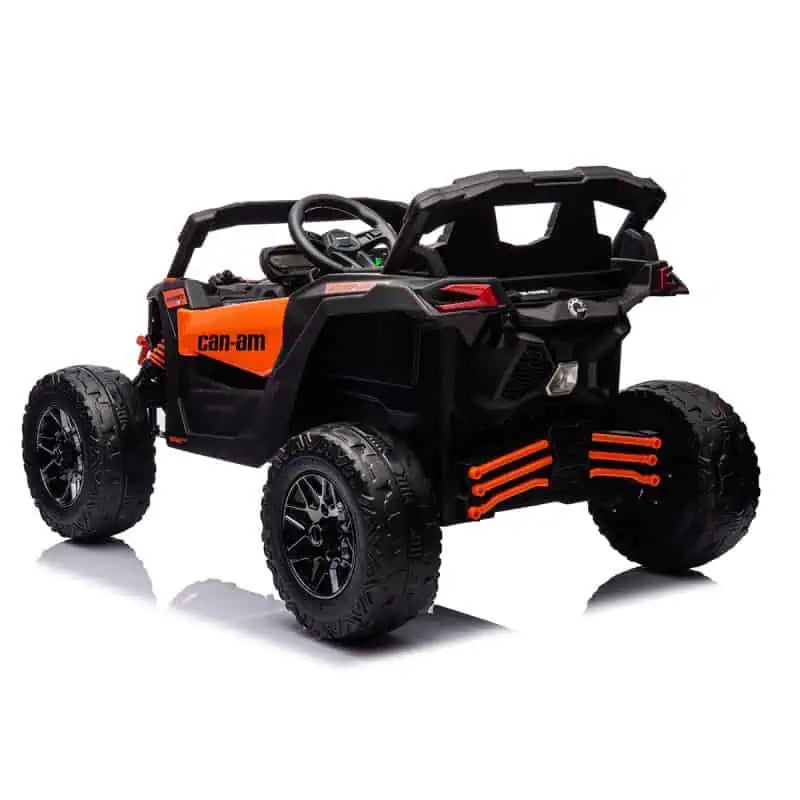 24V orange Can-Am Maverick 800W 4x4 kids ride-on UTV with EVA tires and spring suspension visible from rear angle