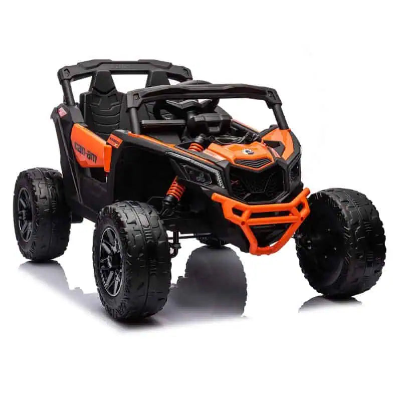 Orange 24V Can-Am Maverick 800W 4x4 kids ride-on UTV with EVA tires, suspension, and realistic design features.
