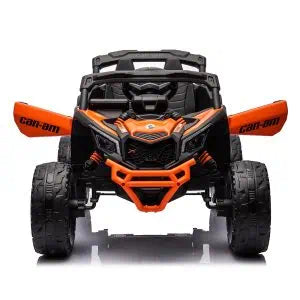 Front view of orange 24V Can-Am Maverick 800W 4x4 kids ride-on UTV with open doors and rugged tires
