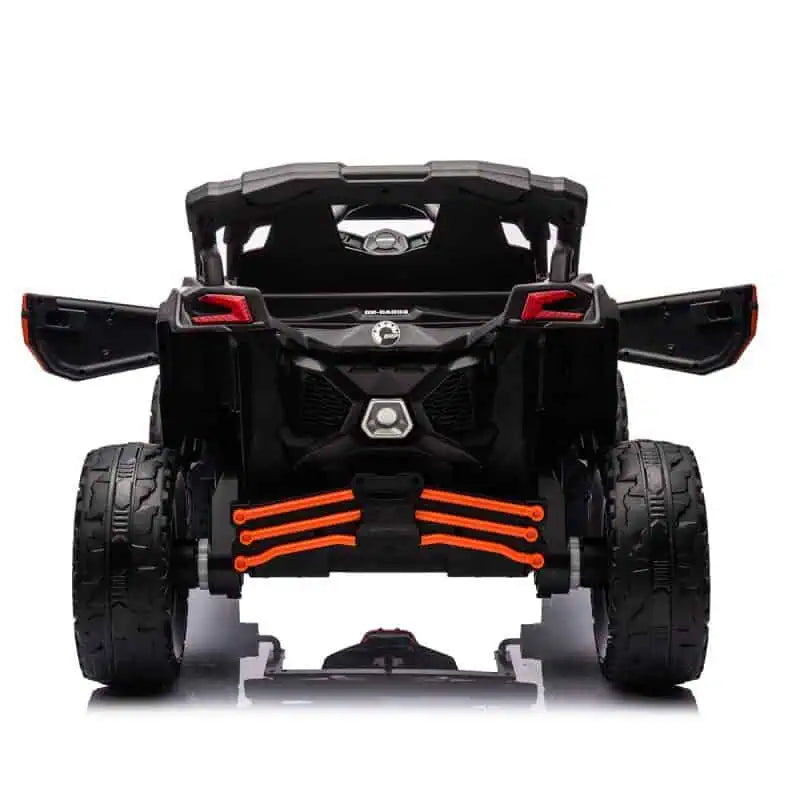Rear view of a black and orange 24V Can-Am Maverick 800W kids ride-on UTV with open doors and large EVA tyres.