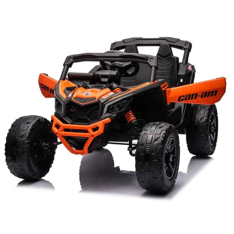 Orange 24V Can-Am Maverick 800W 4x4 kids ride-on UTV with EVA tyres and adjustable seatbelt for ages 3 to 8.