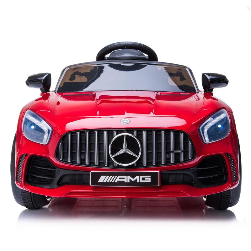 Red 12V Mercedes-Benz AMG GTR kids electric ride-on car with LED lights and realistic grille front view