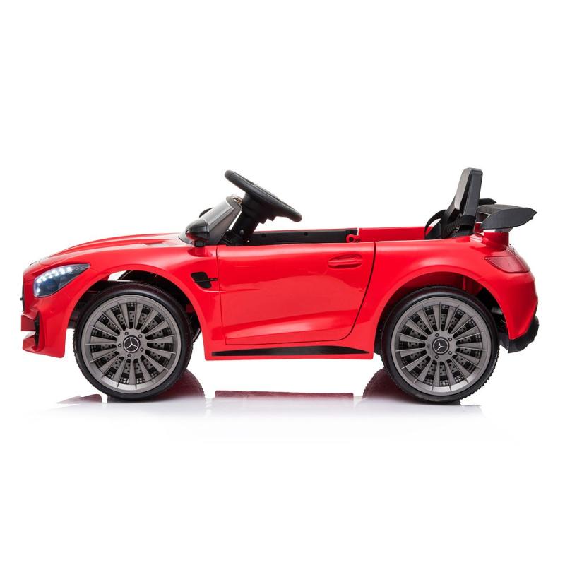 Red 12V Mercedes-Benz AMG GTR kids electric ride-on car with LED lights and realistic design for ages 3 to 6 years.