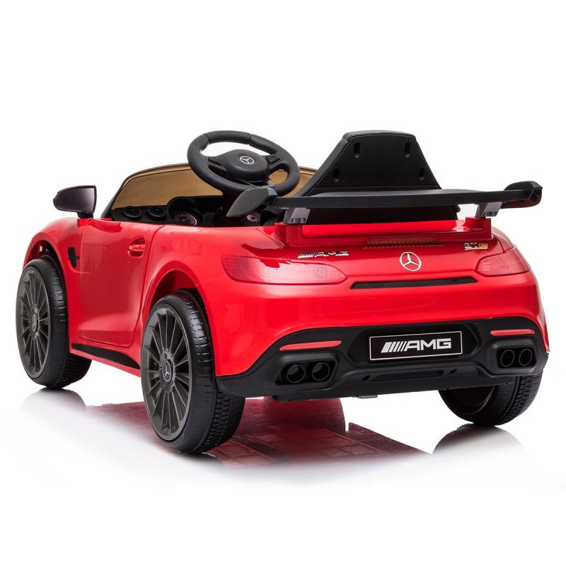 Red 12V Mercedes-Benz AMG GTR kids electric ride-on car with realistic details and parental remote control.