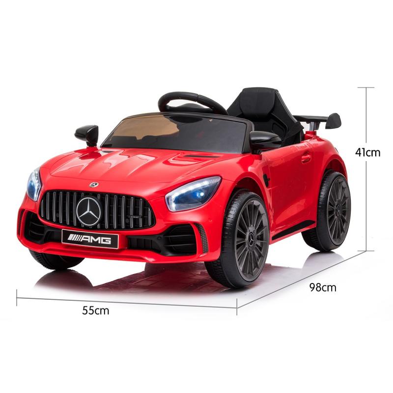 Red 12V Mercedes-Benz AMG GTR kids electric ride-on car with realistic details and LED headlights, suitable for ages 3 to 6.