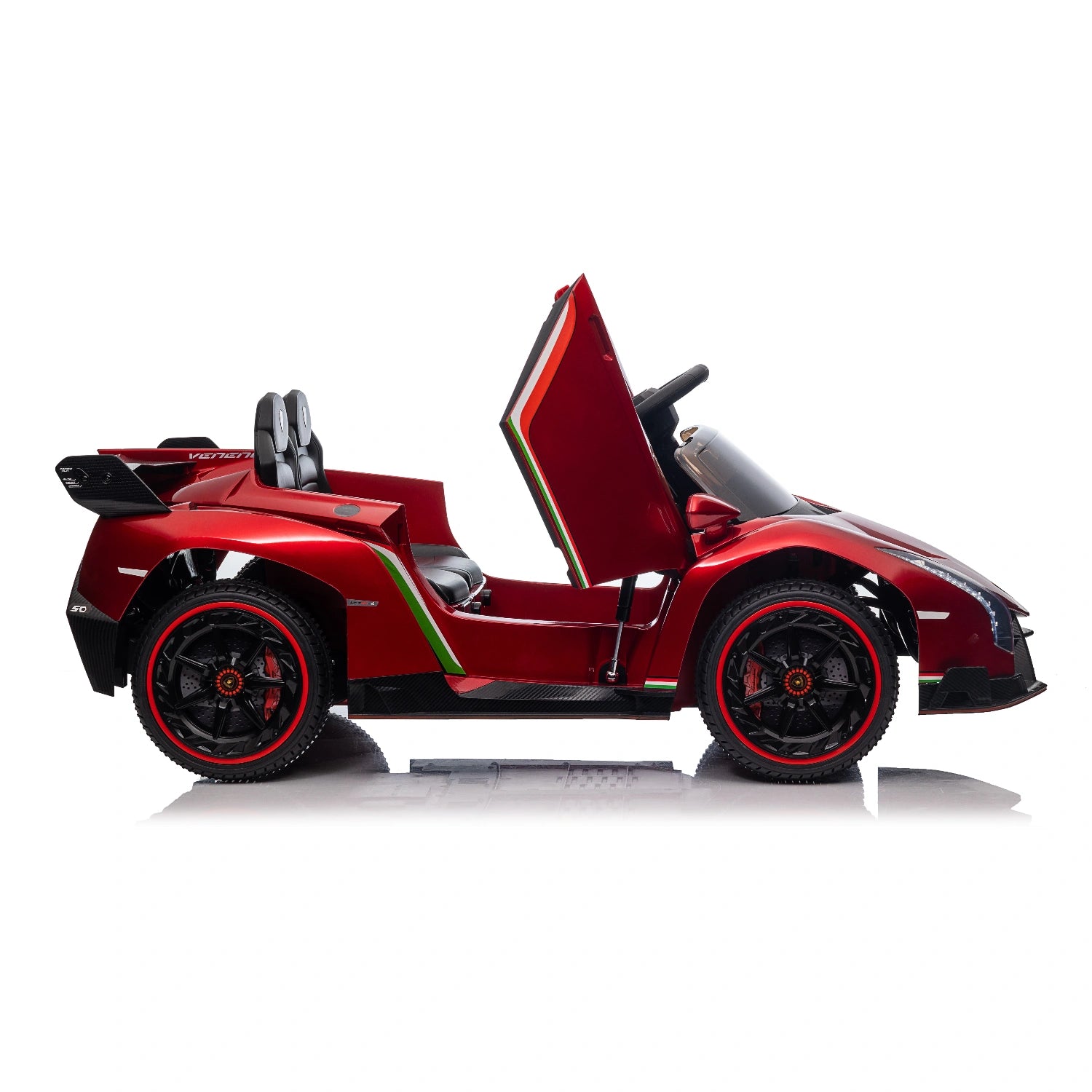 Side view of red licensed Lamborghini Veneno ride-on car for kids with upward-opening door and black interior seats