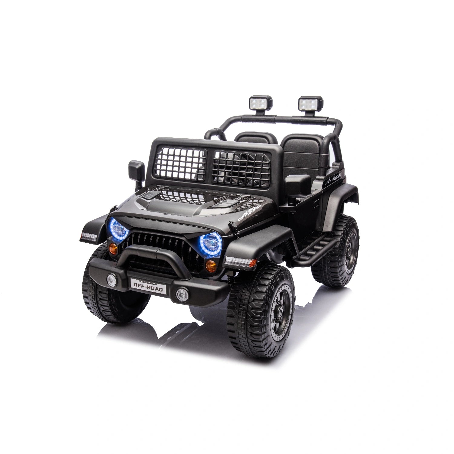 Black 12V Jeep-style ride-on toy car for kids with LED lights, off-road tires, and rugged design with remote control