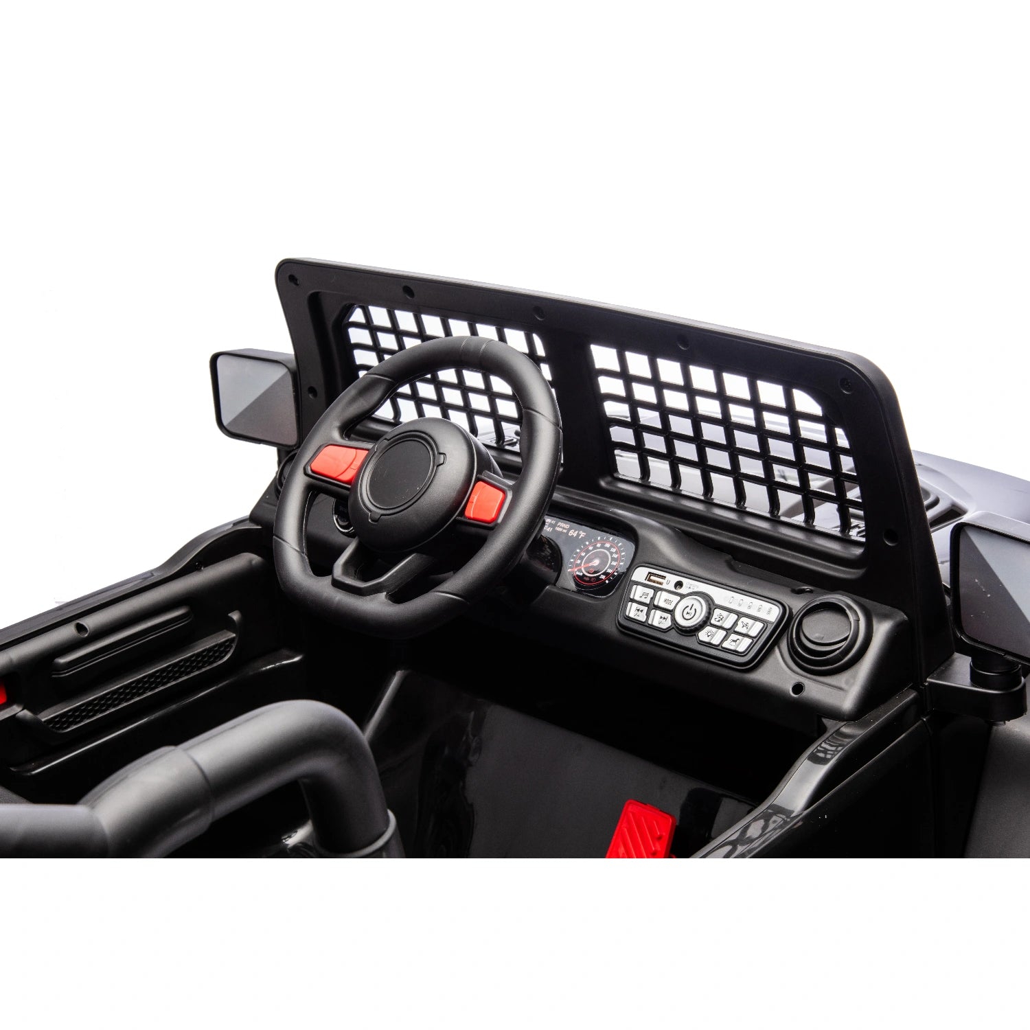 Close-up of black 12V Jeep-style ride-on toy car dashboard with steering wheel, control panel, and rearview mirrors.