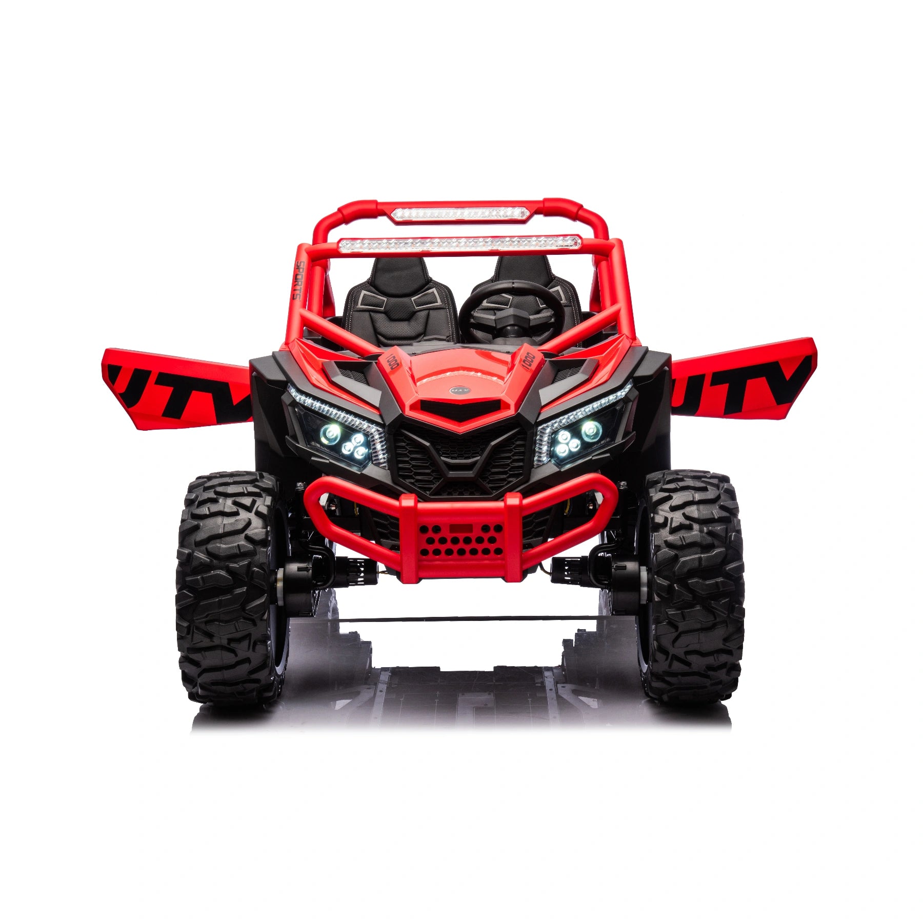 Front view of red 24V 1400W kids 2-seater electric UTV buggy with open doors and rugged off-road tires