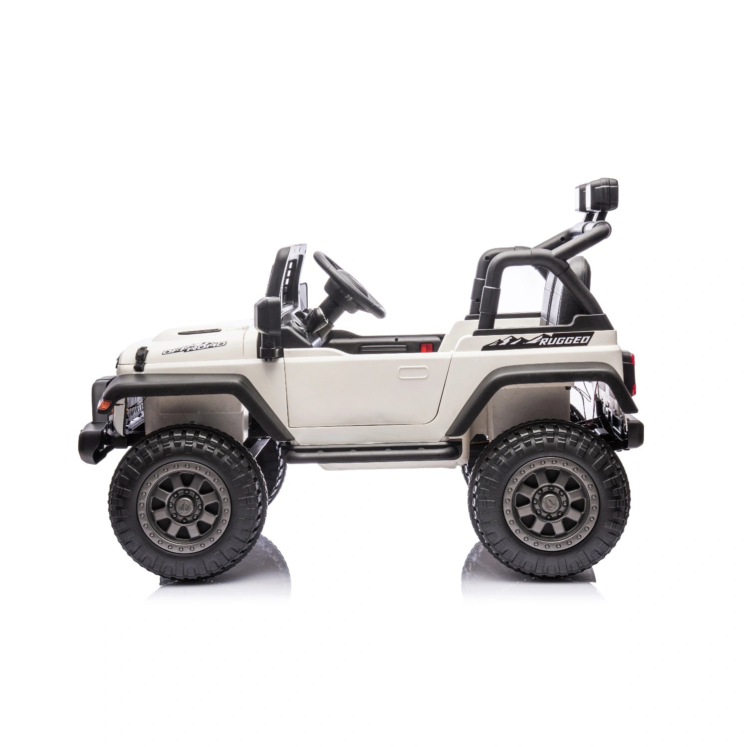 White 12V ride-on jeep style kids electric car with remote control, rugged tires, and LED lights side view