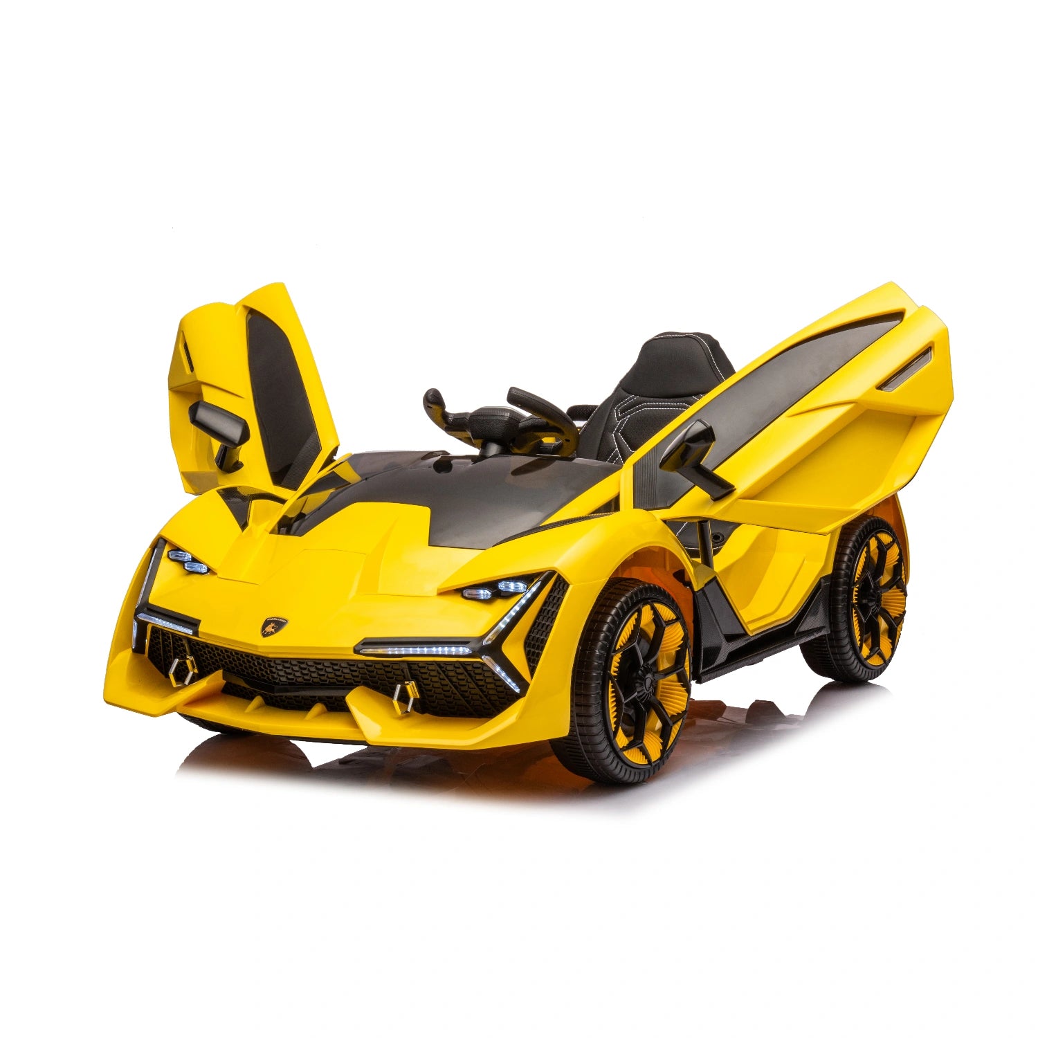 Yellow 12V Lamborghini inspired kids ride-on electric car with scissor doors and black racing seat