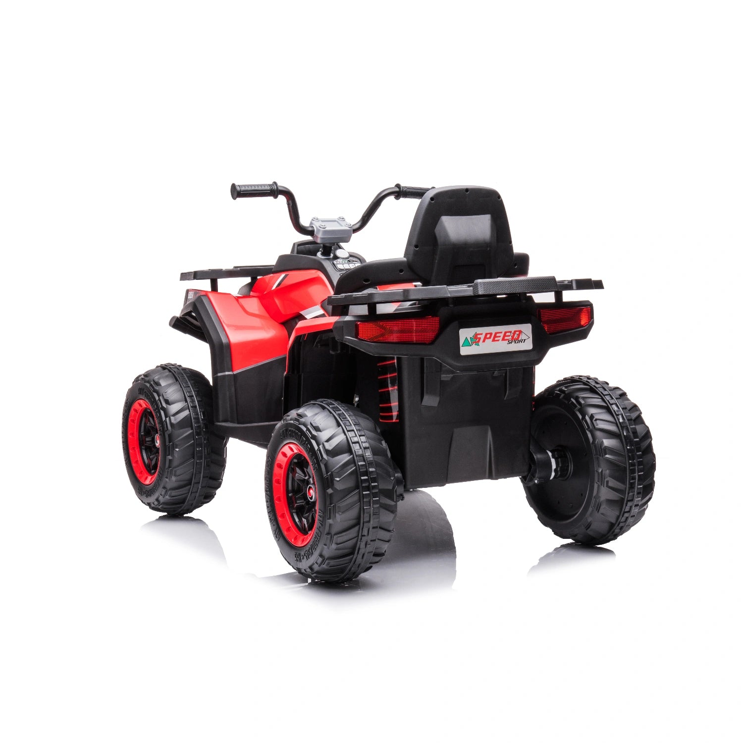 Rear view of red 12V kids quad bike with 4WD motors, black seat, and rugged black and red wheels on white background