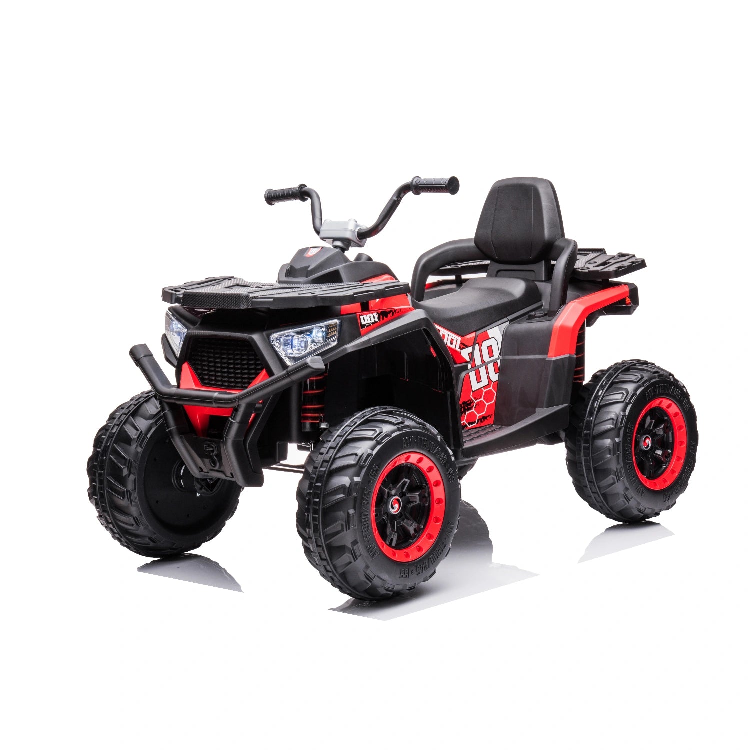 12V red kids quad bike with 4WD motors, LED headlights, and black seat, designed for children aged 3 and up