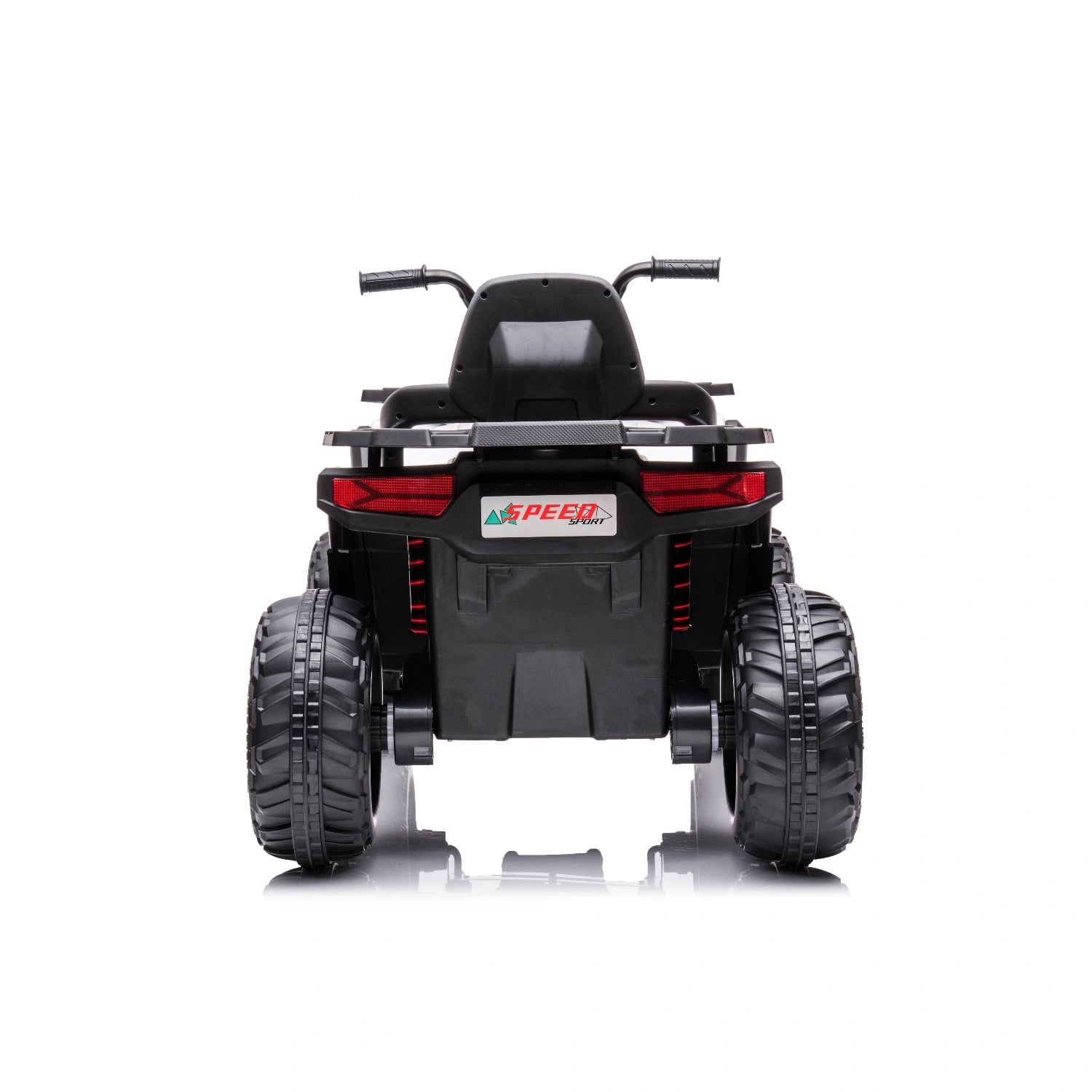 Rear view of black 12V electric quad bike for children with four large off-road tires and seat backrest