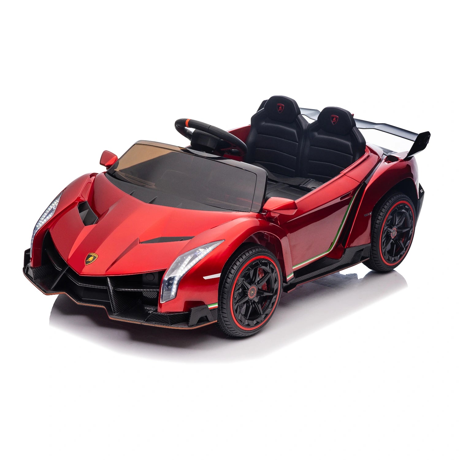 Red licensed Lamborghini Veneno 12V ride-on car for kids with black seats and realistic sports car design