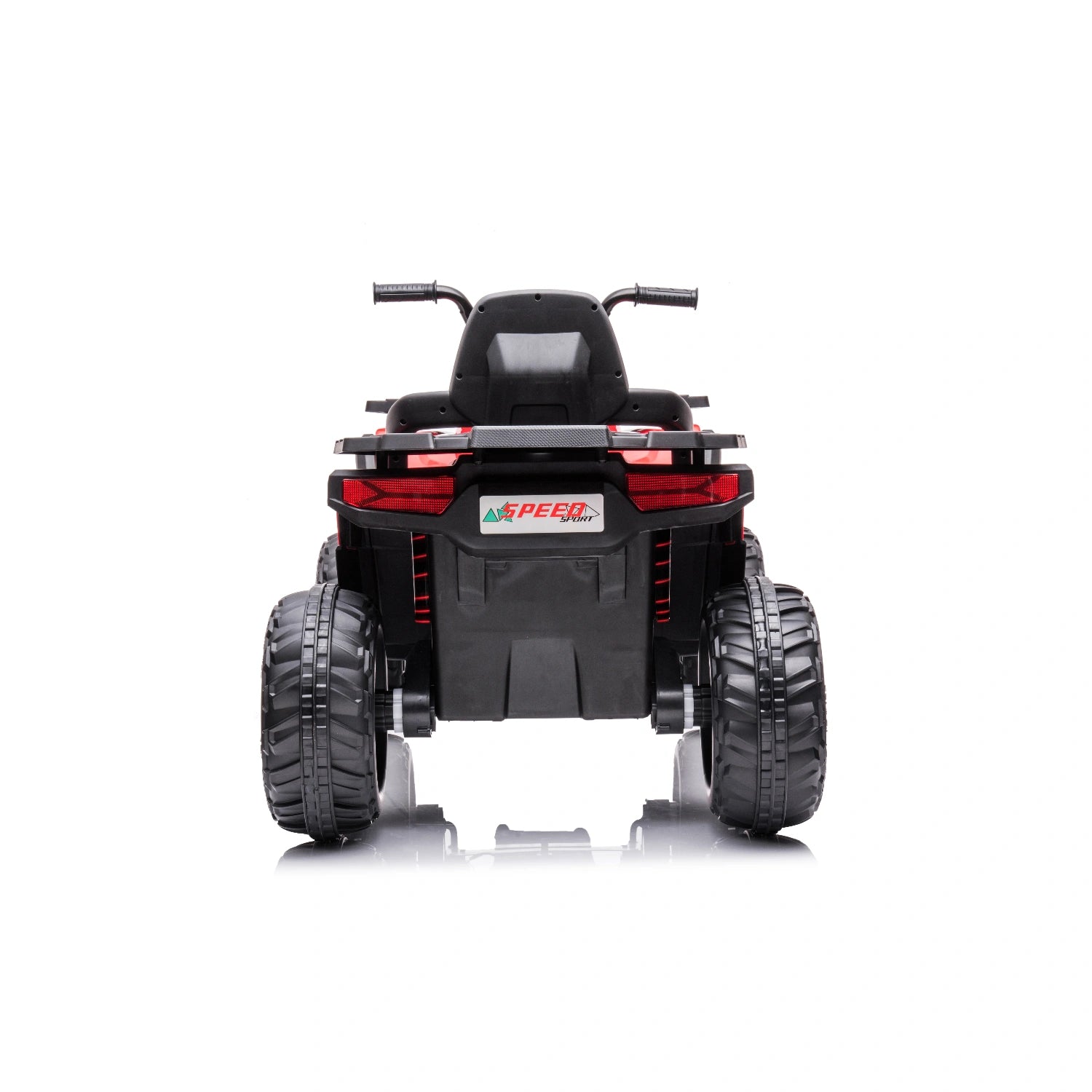 Rear view of red 12V kids quad bike with 4WD motors, rugged black tires, and black seat for children ages 3+