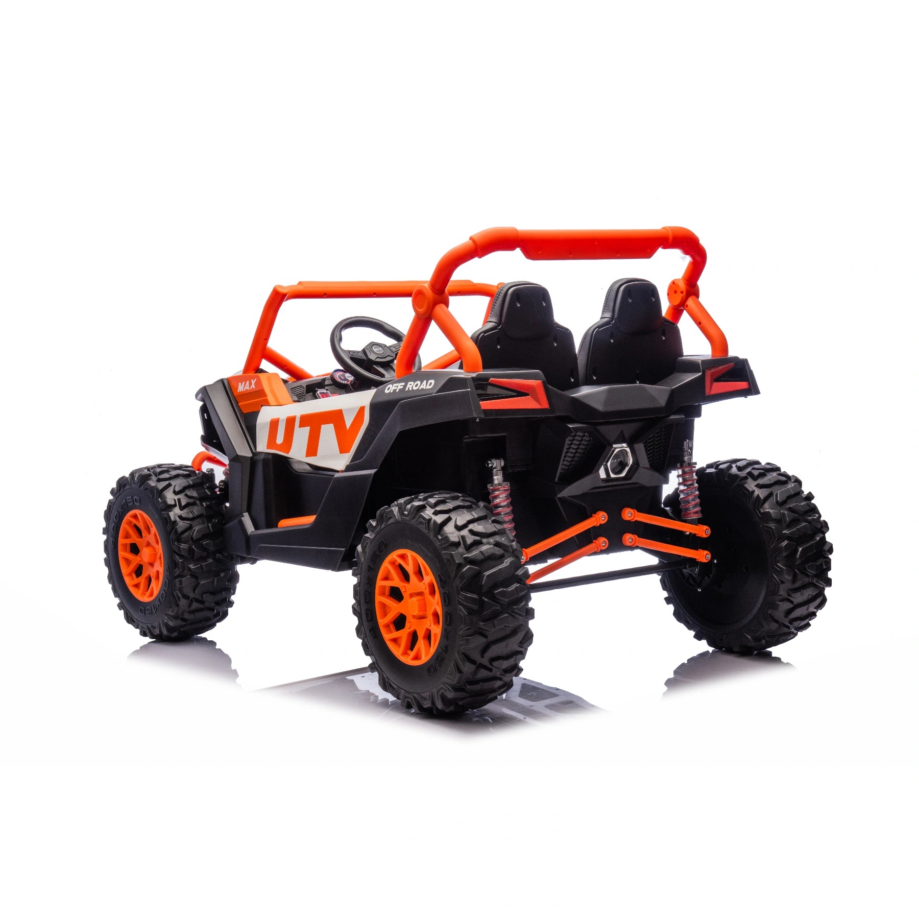 Rear view of orange and black 24V 1400W two-seater ride-on UTV buggy with off-road tires and roll cage