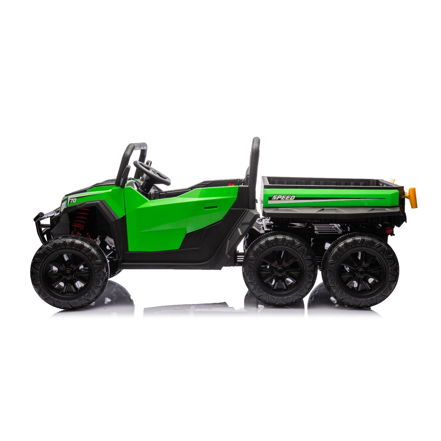 Side view of green 24V 6-wheel ride-on construction dump truck with electric tipper and rugged black wheels