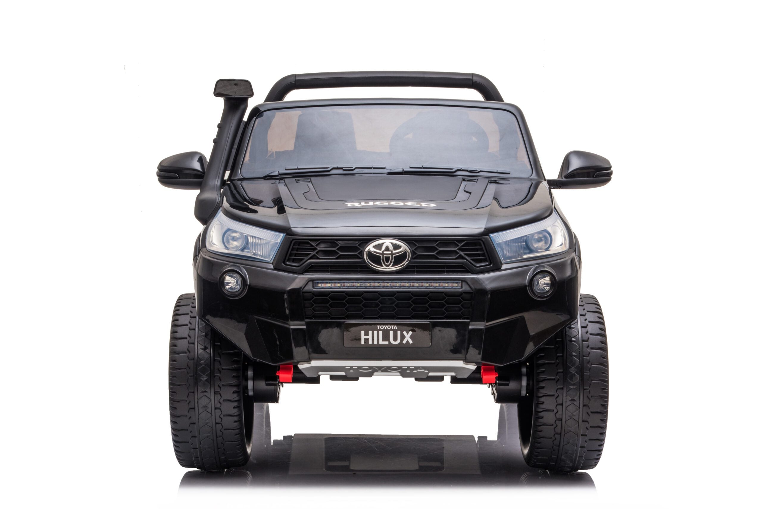 Front view of a black 24V Toyota Hilux 4WD ride-on electric toy car with realistic details and large wheels
