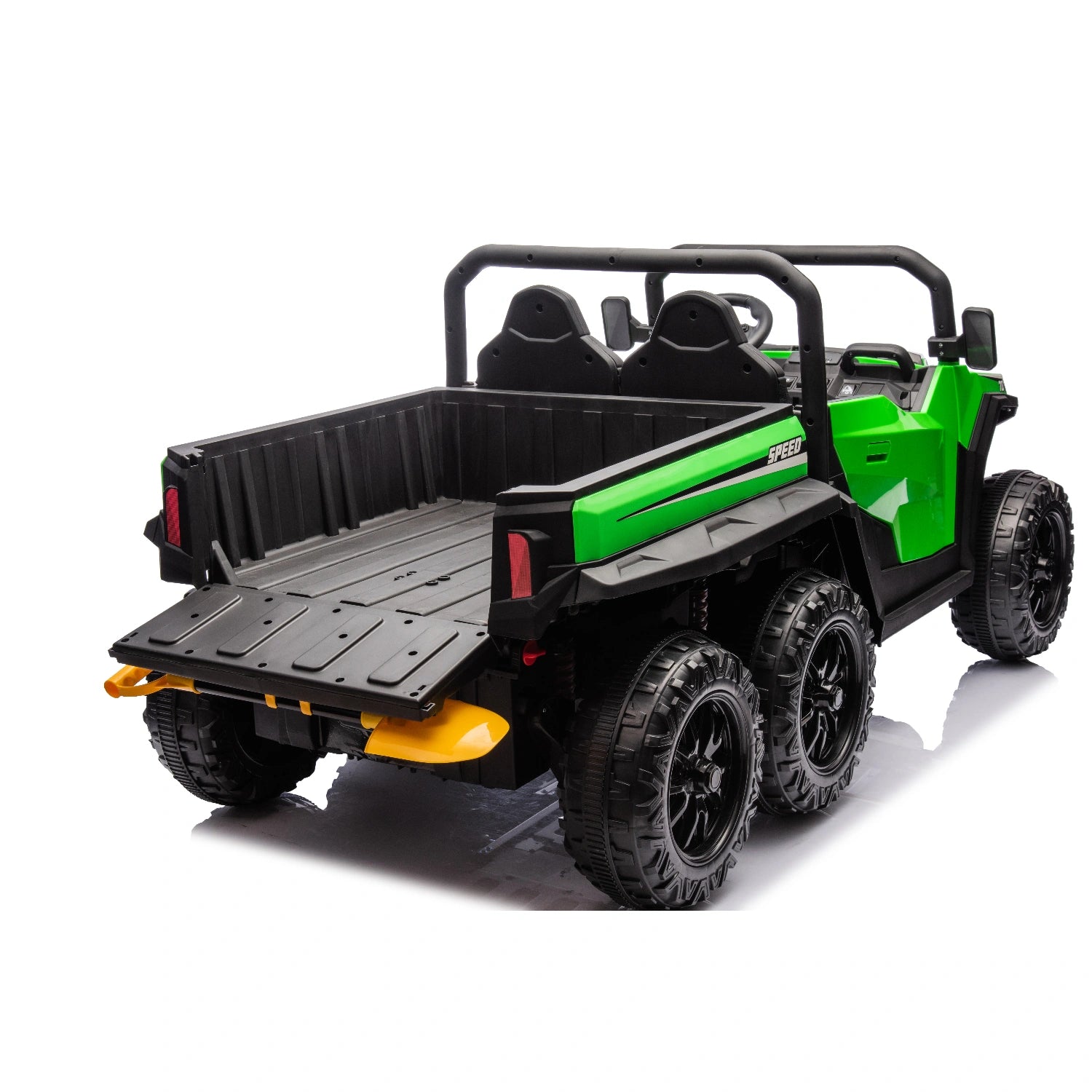 Rear view of green 24V 6-wheel ride-on construction dump truck with electric tipper and black seats