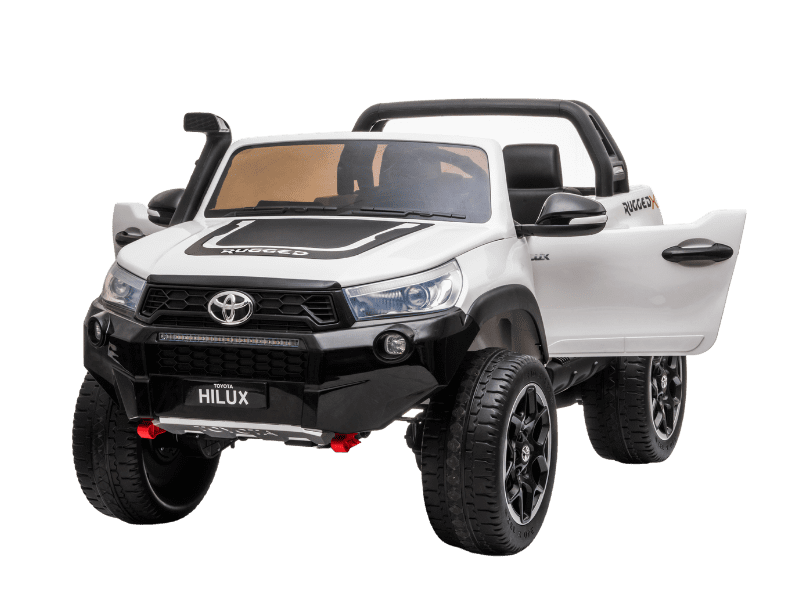 White 24V ride-on Toyota Hilux 4WD electric car for kids with realistic details and functional opening doors