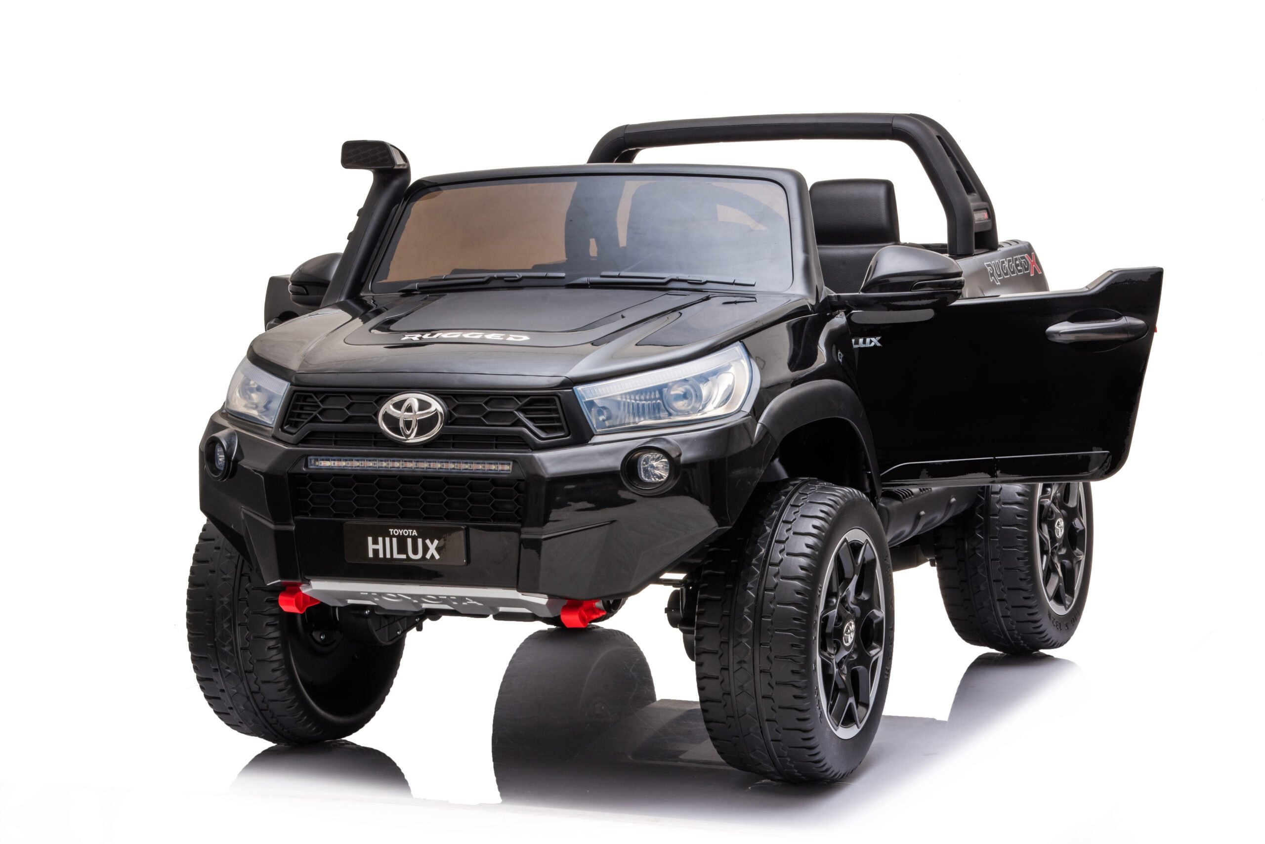 Black 24V Toyota Hilux 4WD ride-on toy car with realistic headlights, opening doors, and rugged tires for kids.