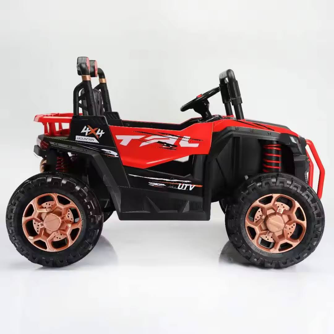 Red 24V 2-seater electric UTV beach buggy for kids with 4WD, large wheels, and rugged off-road design.