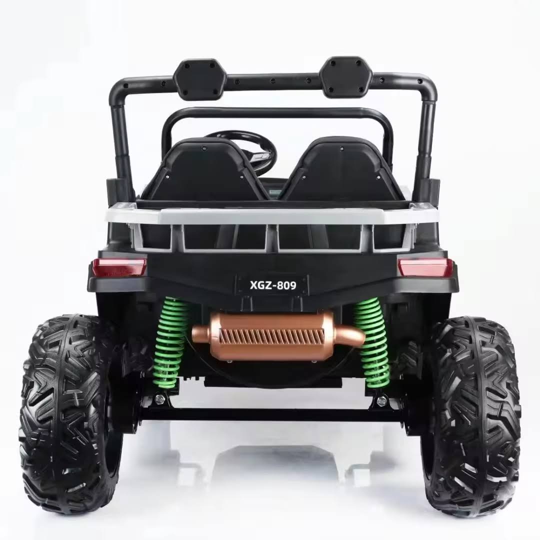 Rear view of black 2-seater 24V electric UTV beach buggy with large off-road tires and canopy frame