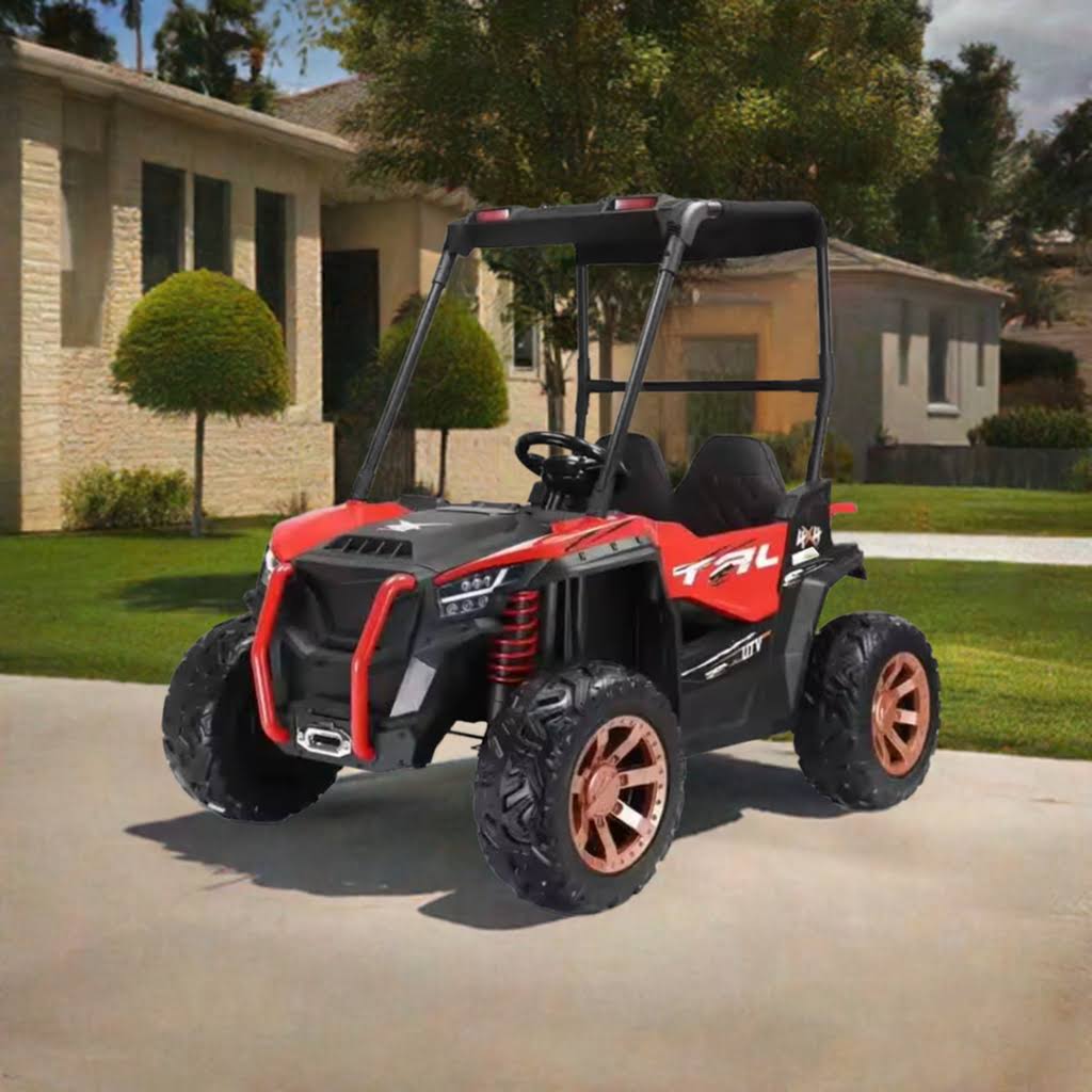 Red 24V 2-seater kids UTV beach buggy with canopy, 4WD, seatbelts, and rugged off-road tires for ages 3 to 8.
