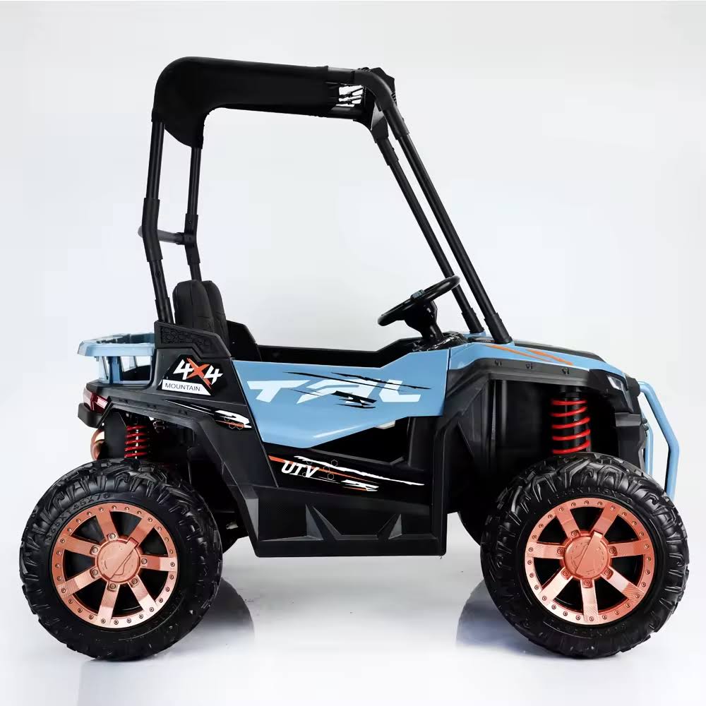 Blue and black 2-seater electric UTV beach buggy for kids with four-wheel drive and protective canopy