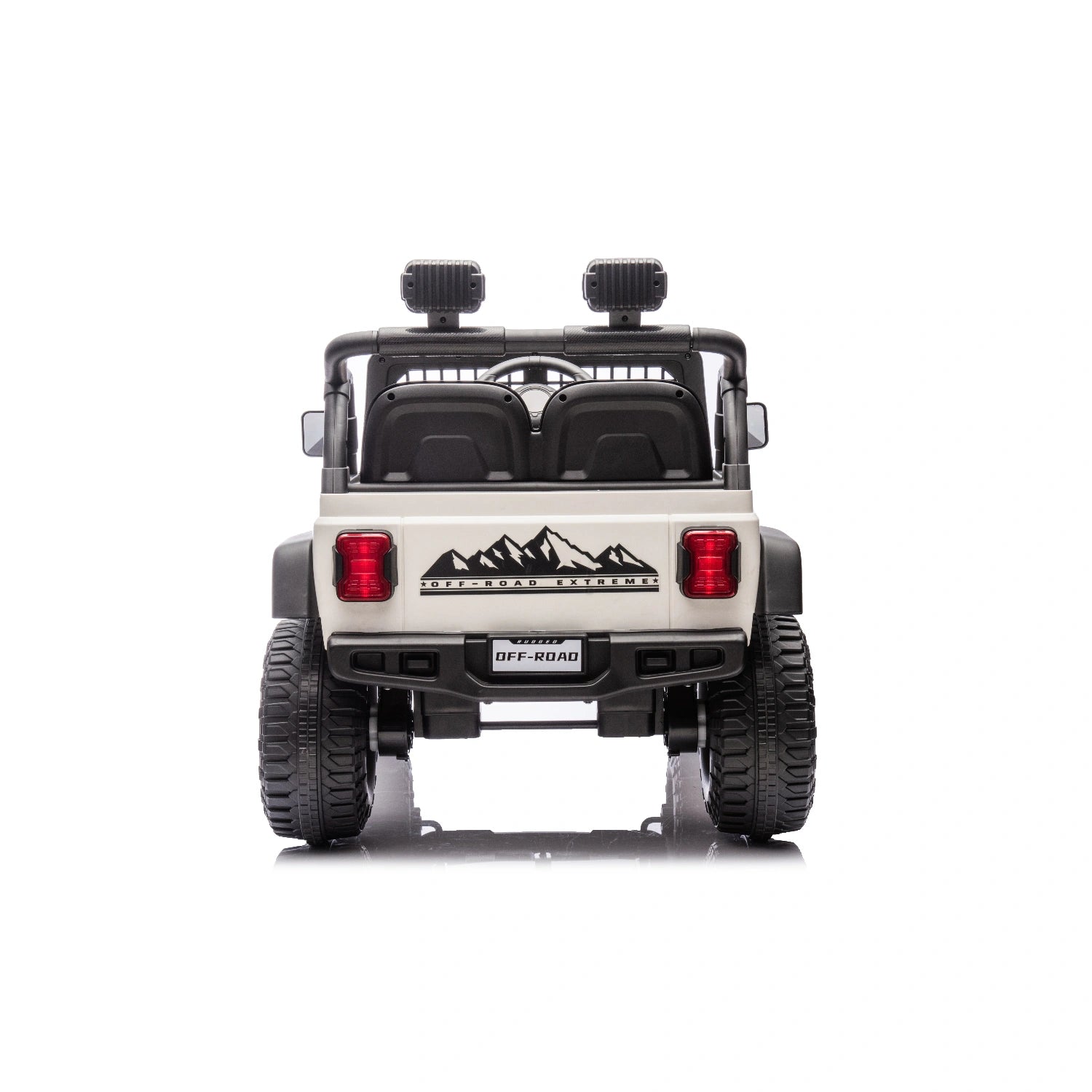 Rear view of white 12V ride-on jeep style kids electric car with black seats, off-road tires, and LED lights