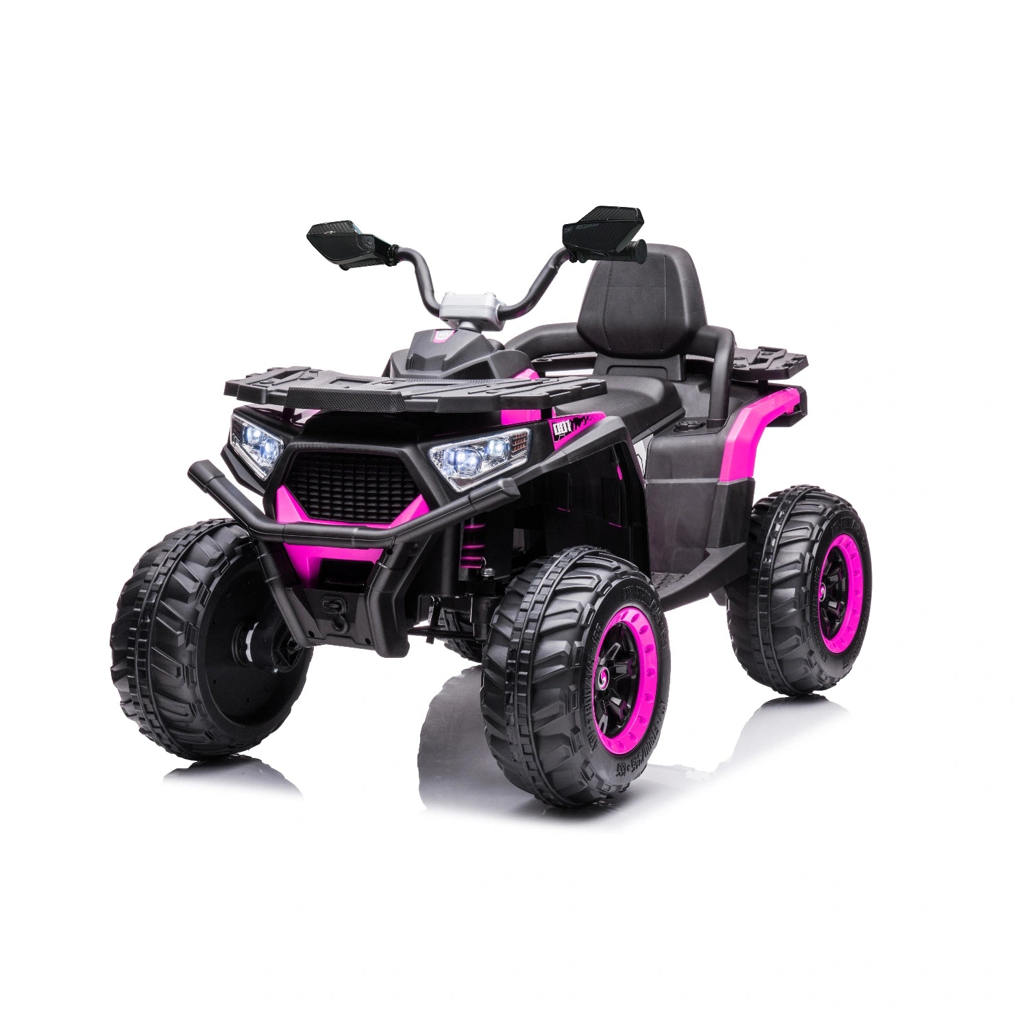 12V pink electric quad bike for kids with 4WD motors, rugged tires, and black seat, off-road ride-on ATV design