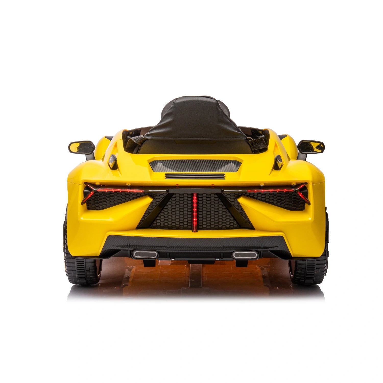 Rear view of yellow 12V Lamborghini-inspired kids electric ride-on car with black plastic seat and side mirrors