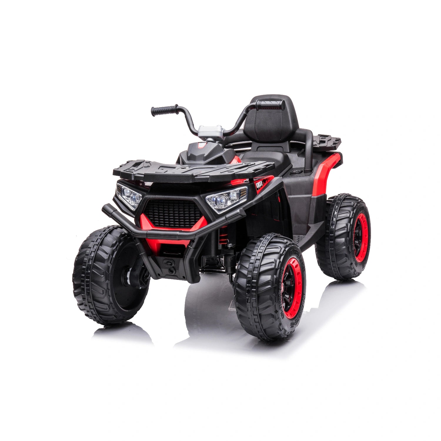 12V red kids quad bike with 4WD motors, LED headlights, rugged black tires, and comfortable black seat for children aged 3+