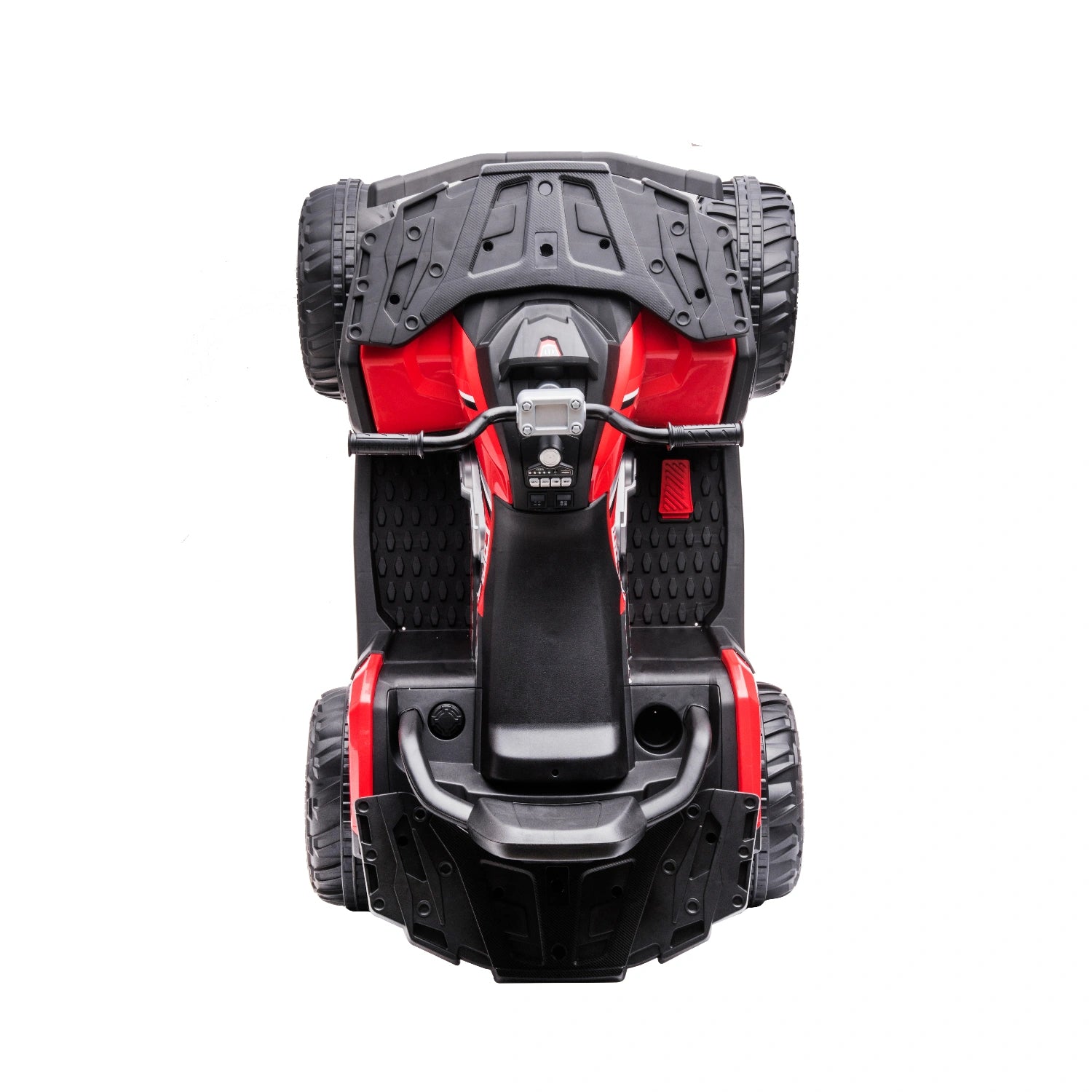 Top view of red 12V kids quad bike with black seat, 4WD motors, textured footrests, and rugged black wheels