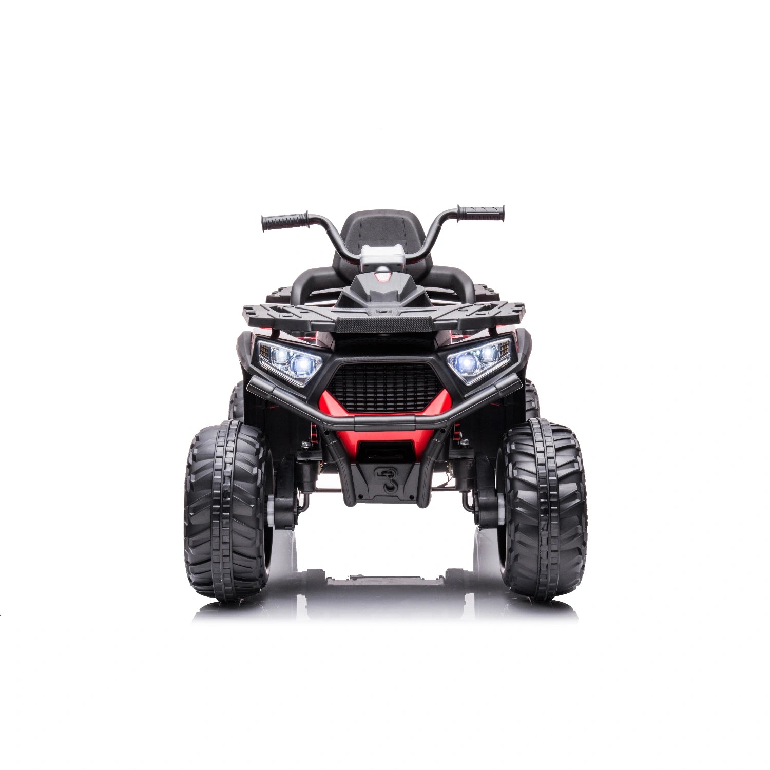 Front view of black and red 12V kids quad bike with LED lights, 4WD motors, and rugged tires for children aged 3+