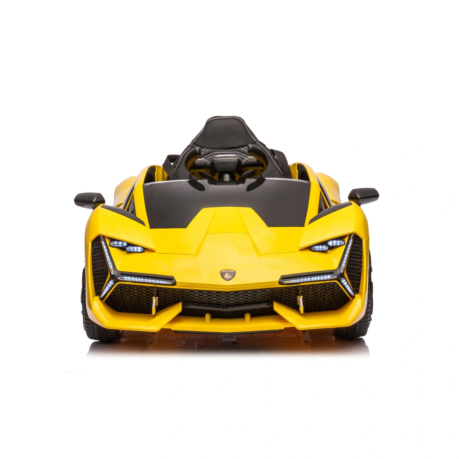 Front view of yellow 12V Lamborghini-inspired kids ride-on electric car with black accents and sporty design
