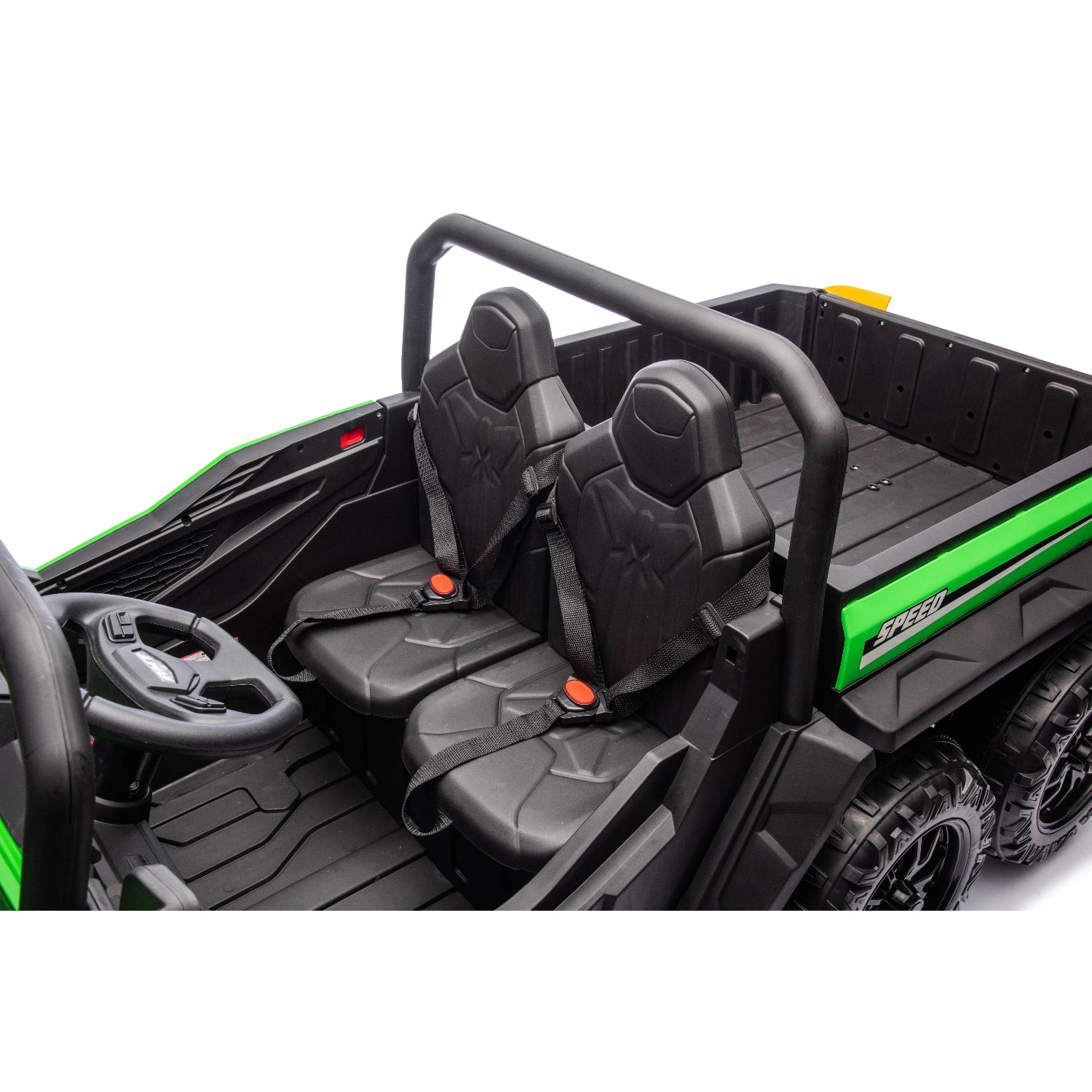 Close-up of black seats with seat belts and steering wheel inside green 24V 6-wheel ride-on electric dump truck