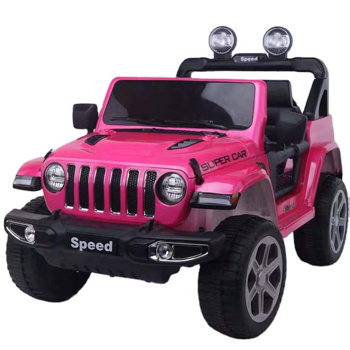 Pink 12V 4WD Jeep Wrangler Rubicon kids ride-on car with lights, manual and remote control, suitable for ages 3 to 7.