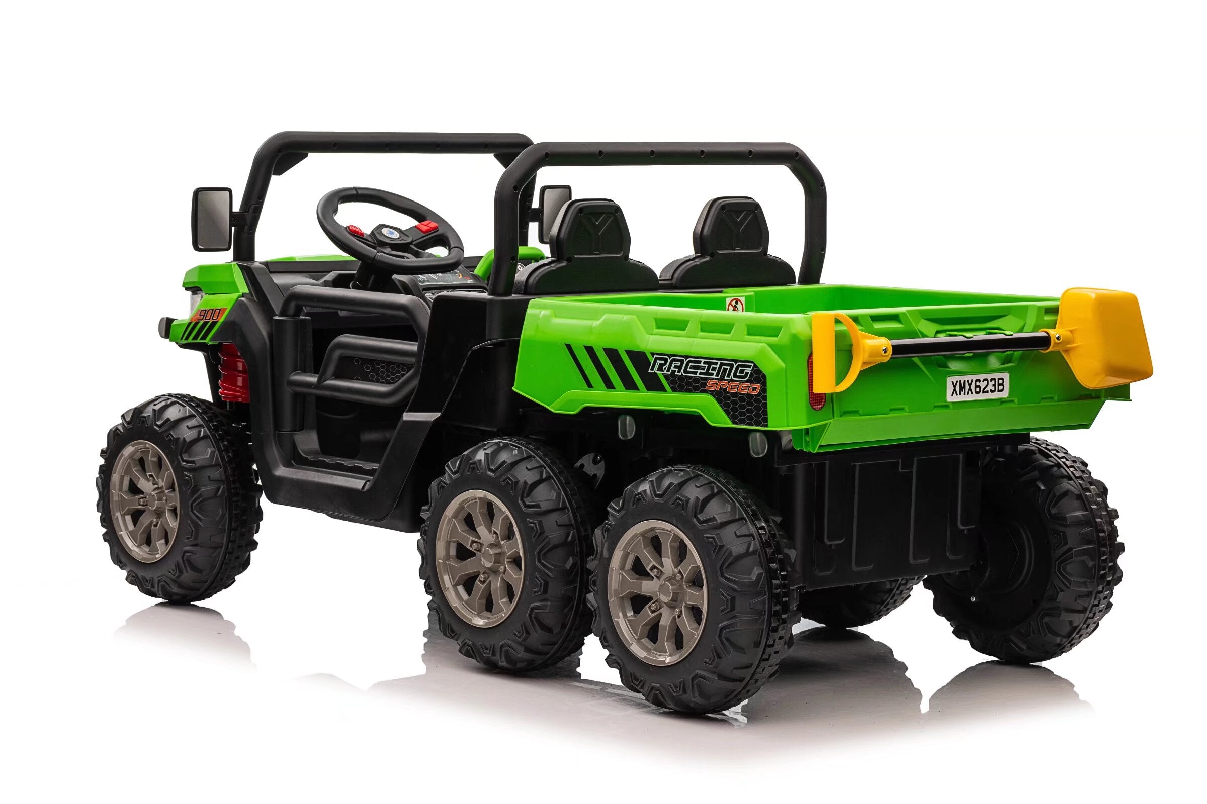 Green 24V electric ride-on dump truck for kids with 6-wheel drive, dual seats, and power tipping tray.