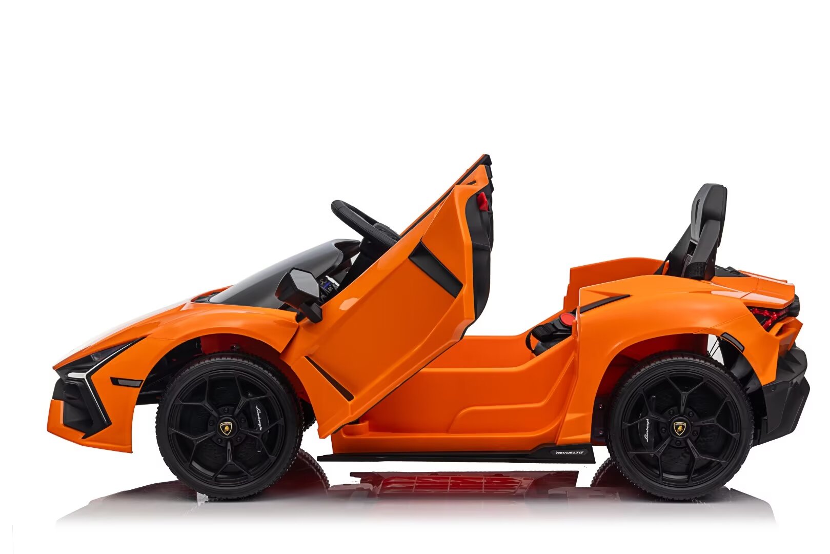Orange Lamborghini Revuelto 12V electric ride-on car for kids with opening doors and realistic sports car design