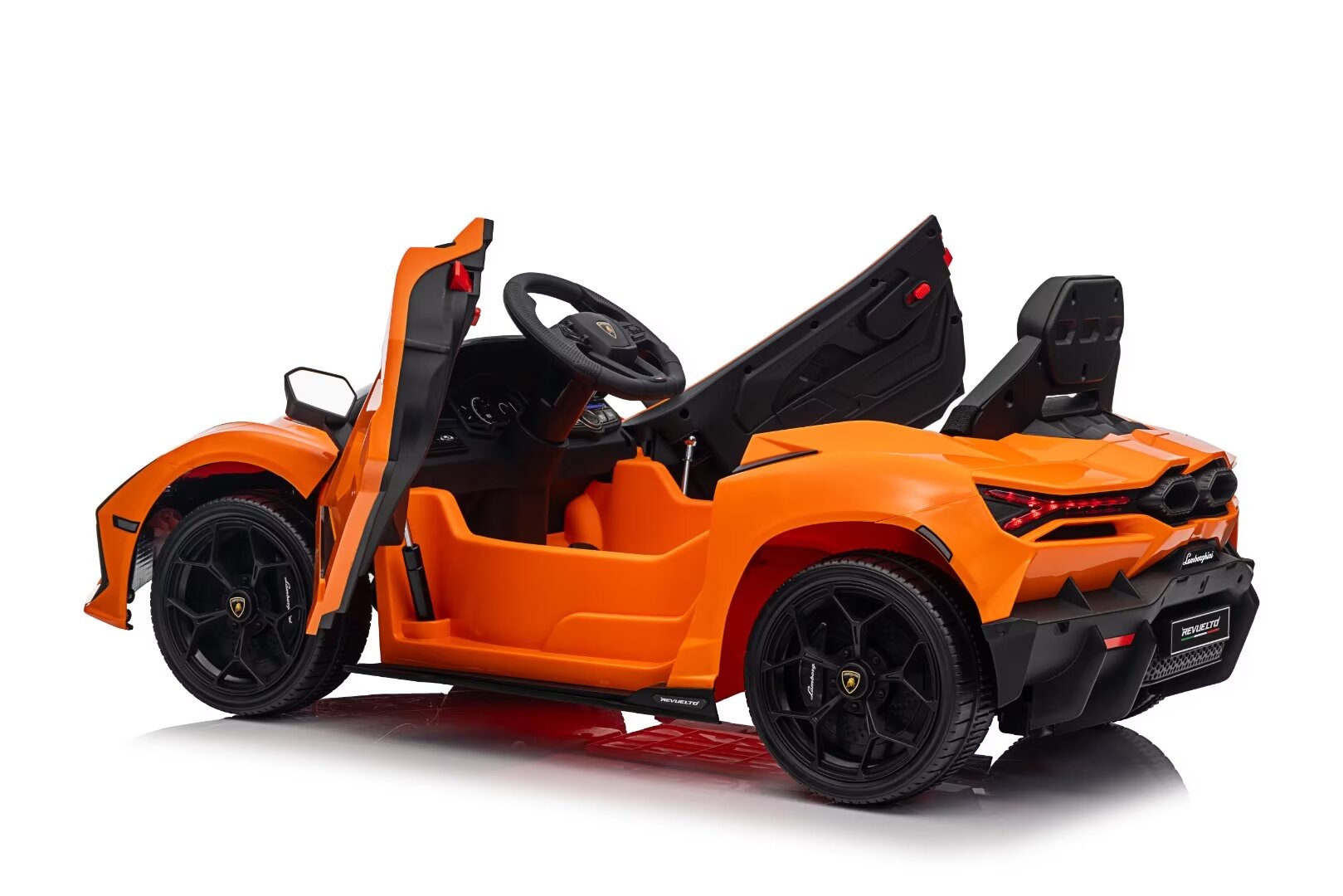 Orange Lamborghini Revuelto 12V electric ride-on car for kids with opening doors and realistic sports car design