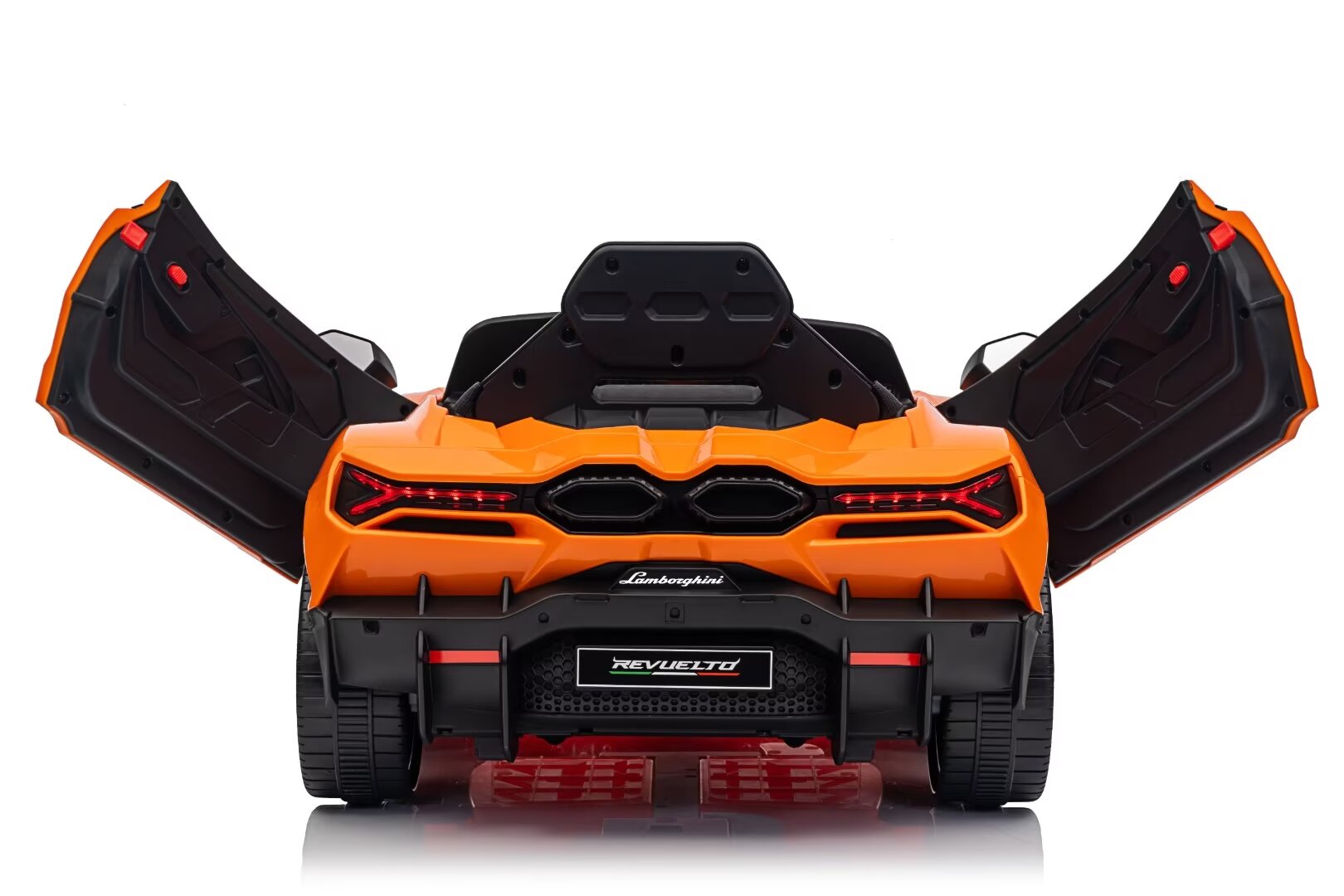 Rear view of an orange Lamborghini Revuelto 12V licensed electric ride-on car for kids with open doors.