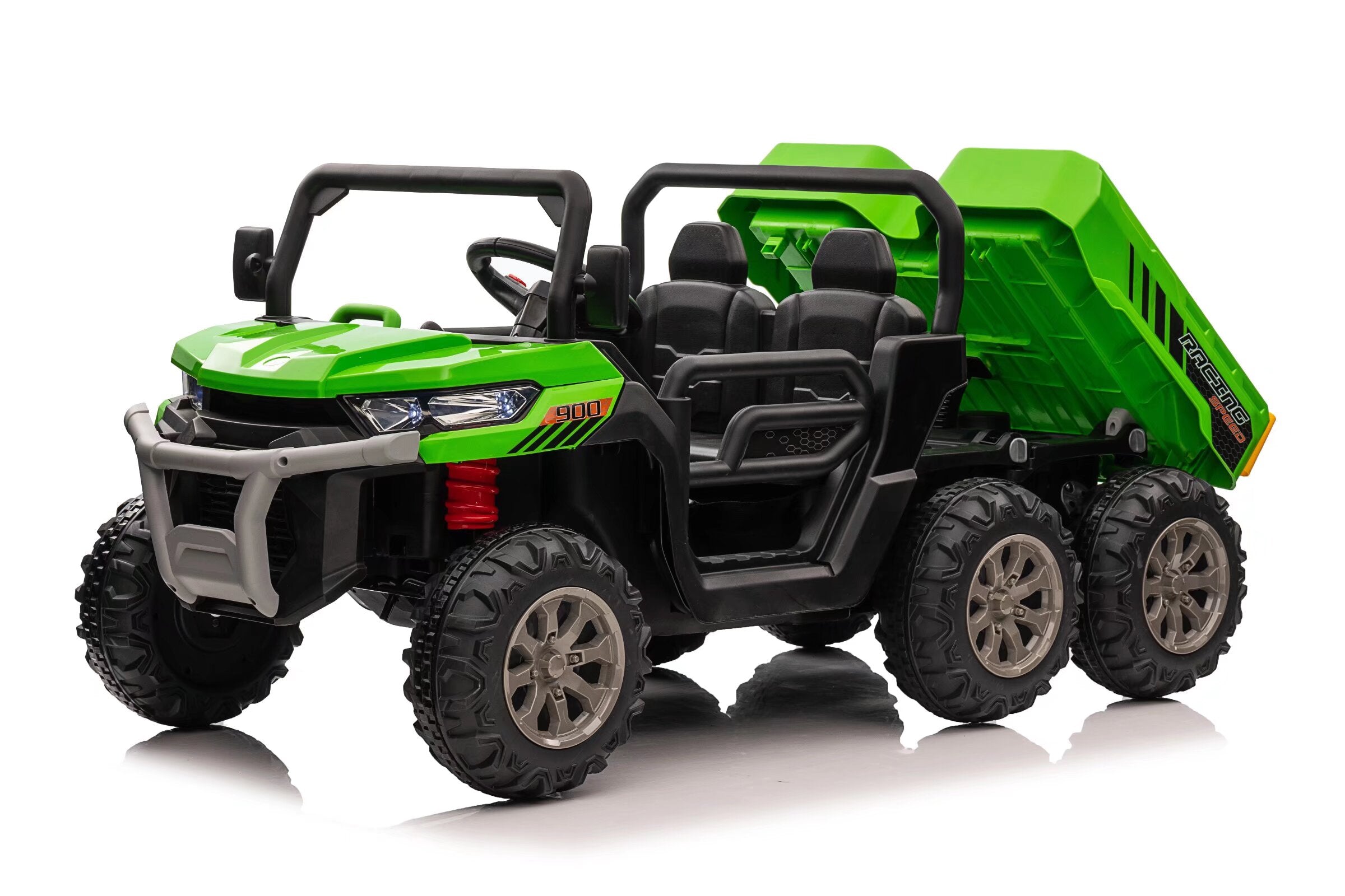 Green 24V electric ride-on dump truck for kids with dual seats, 6-wheel drive, and electric tipping tray